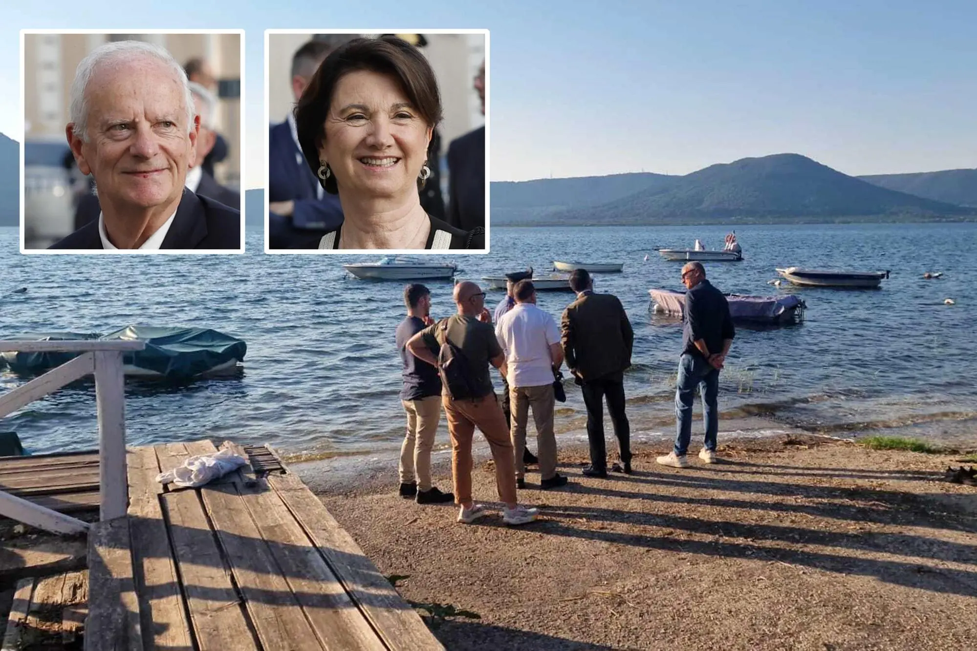 Nella combo, il lago di Vico, in provincia di Viterbo, durante le ricerche del marito della ministra della Famiglia Eugenia Roccella, Luigi Cavallari, ritratti nei riquadri. Viterbo, 27 giugno 2026. ANSA/MAX VISMARA/GIUSEPPE LAMI
