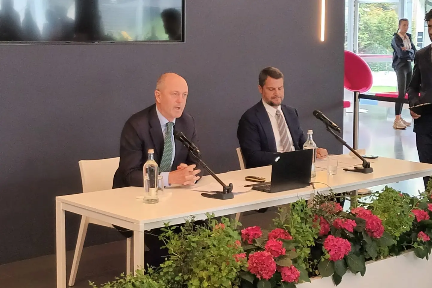 I presidenti Angelo Binaghi e Marco Mezzaroma durante la conferenza stampa di oggi (Foto Antonio Burruni)