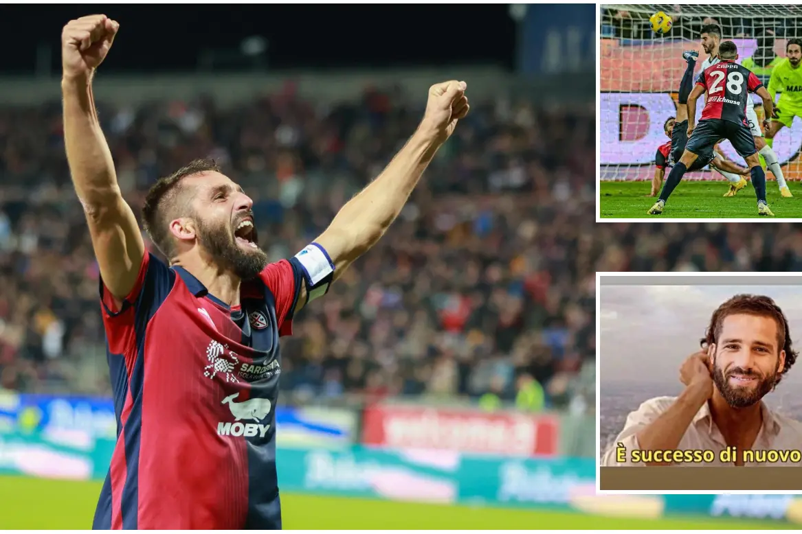 Pavoletti's celebration, the winning overhead kick and one of the memes that appeared online (Photo Ansa and Sky Sport)