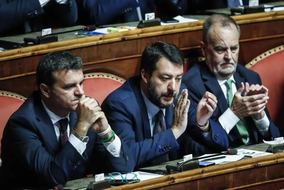 I leghisti Calderoli, Salvini e Centinaio (Ansa)