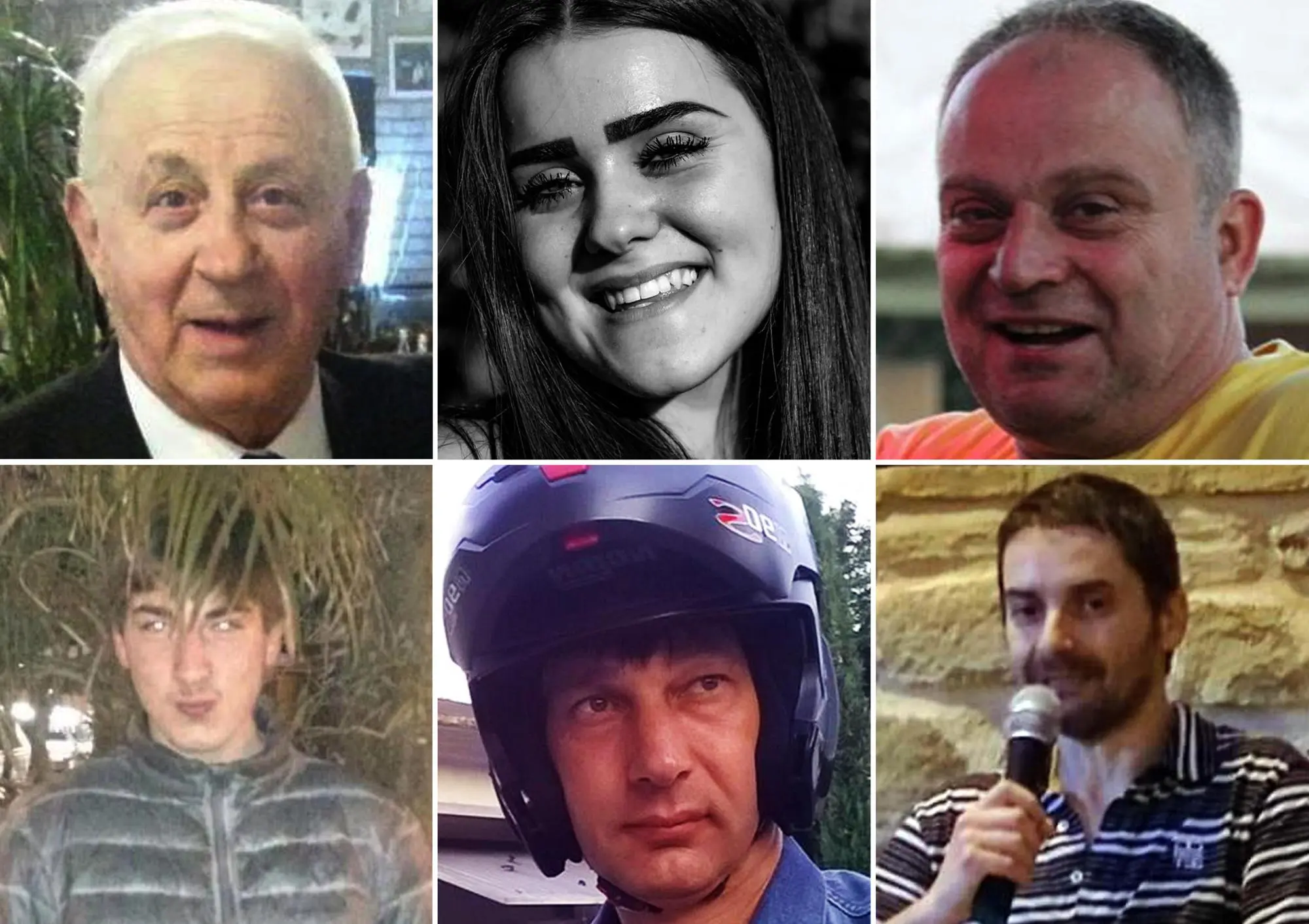Sei delle 11 vittime identificate, da sinistra : Nando Olivi, Noemi Bartolucci, Giuseppe Tisba, Andrea Tisba , Diego Chiappetti e Michele Bomprezzi (Ansa)
