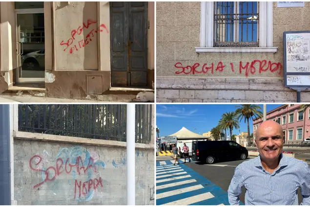Le scritte comparse a Cagliari (foto Piras) e l'assessore Alessandro Sorgia (Archivio L'Unione Sarda)