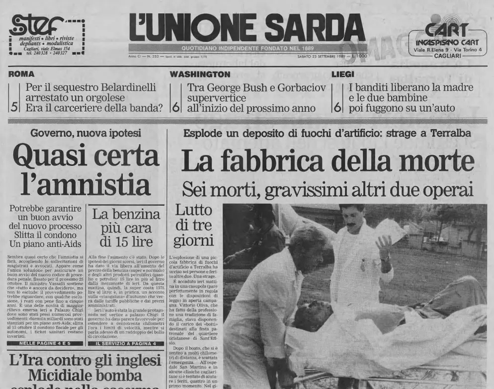 La Prima pagina de L'Unione Sarda, sabato 23 settembre 1989