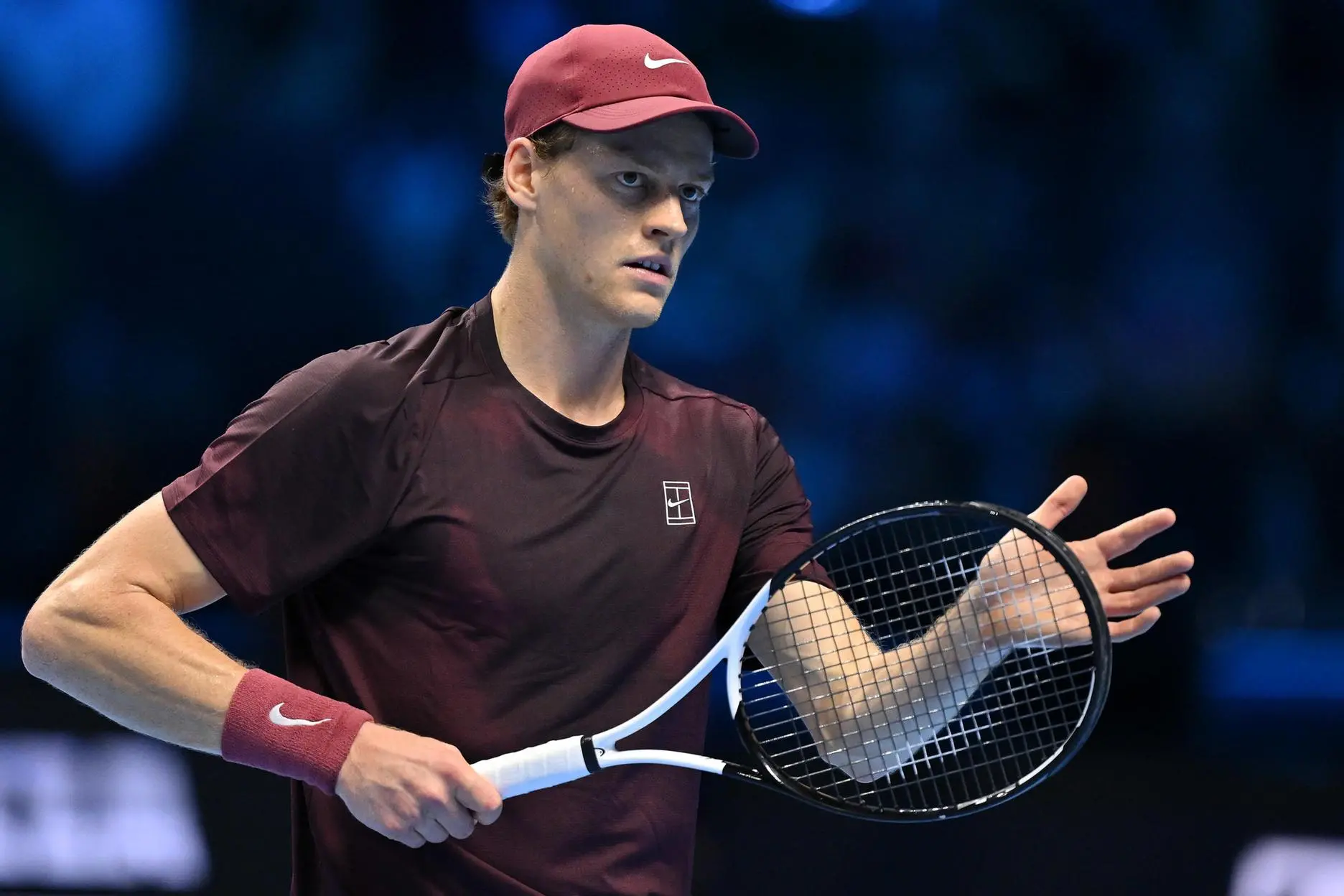 Jannik Sinner of Italy in action during the men's singles Round Robin match against Alexander Zverev of Germany at the ATP Finals in Turin, Italy, 12 November 2025. ANSA/Alessandro Di Marco