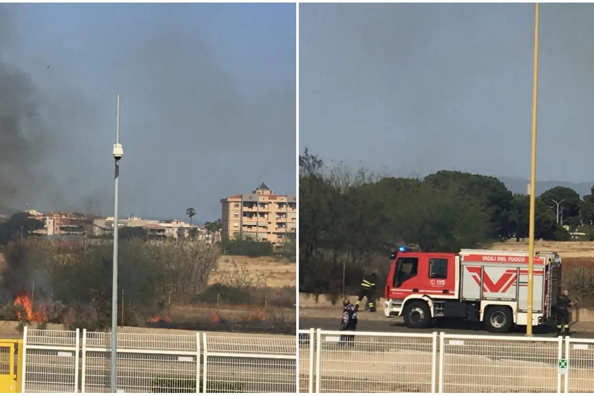 L'incendio fuori dall’Unipol Domus (L'Unione Sarda)