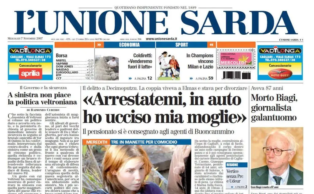 La notizia della morte, in prima pagina su L'Unione Sarda