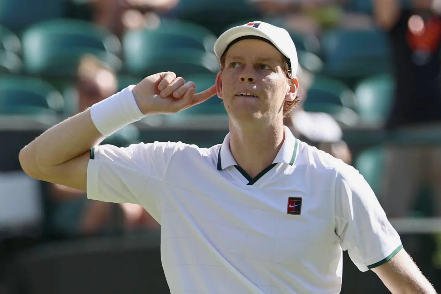 epa13083495 Jannik Sinner of Italy celebrates after winning his Men's Singles third round match against Jenson Brooksby of the USA at the Wimbledon Championships in London, Britain, 03 July 2026. EPA/NEIL HALL