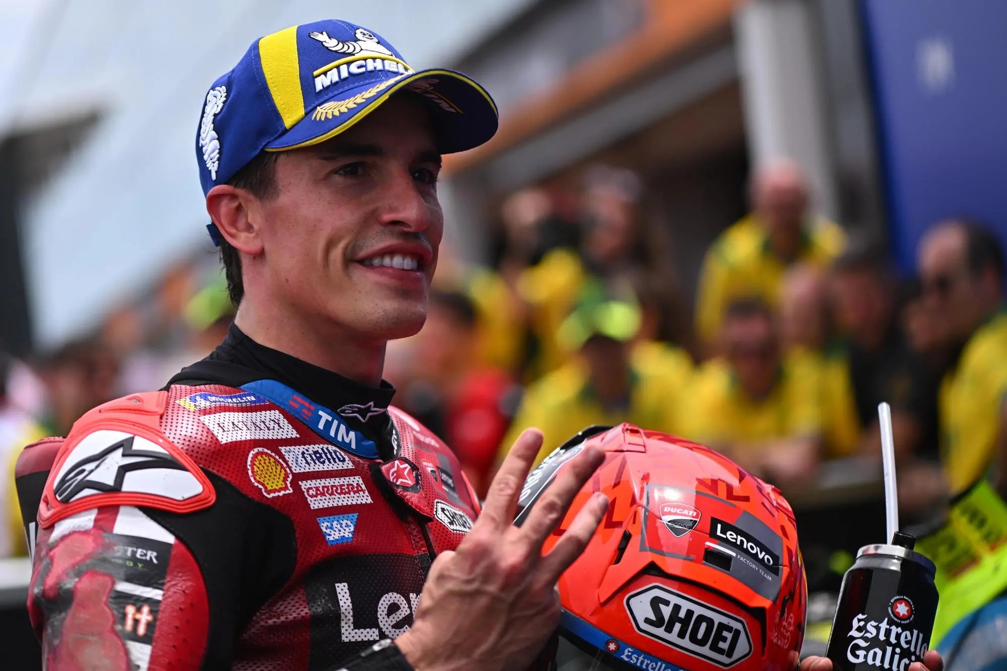 epa12839482 Spanish rider Marc Marquez of the Ducati Lenovo Team reacts during qualifying for the MotoGP Brazilian Grand Prix at the Ayrton Senna Circuit in Goiania, Brazil, 21 March 2026. EPA/Andre Borges