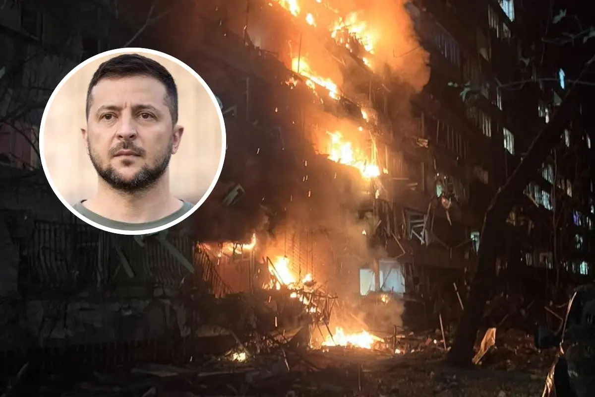 A power plant hit and, in the circle, Volodymyr Zelensky