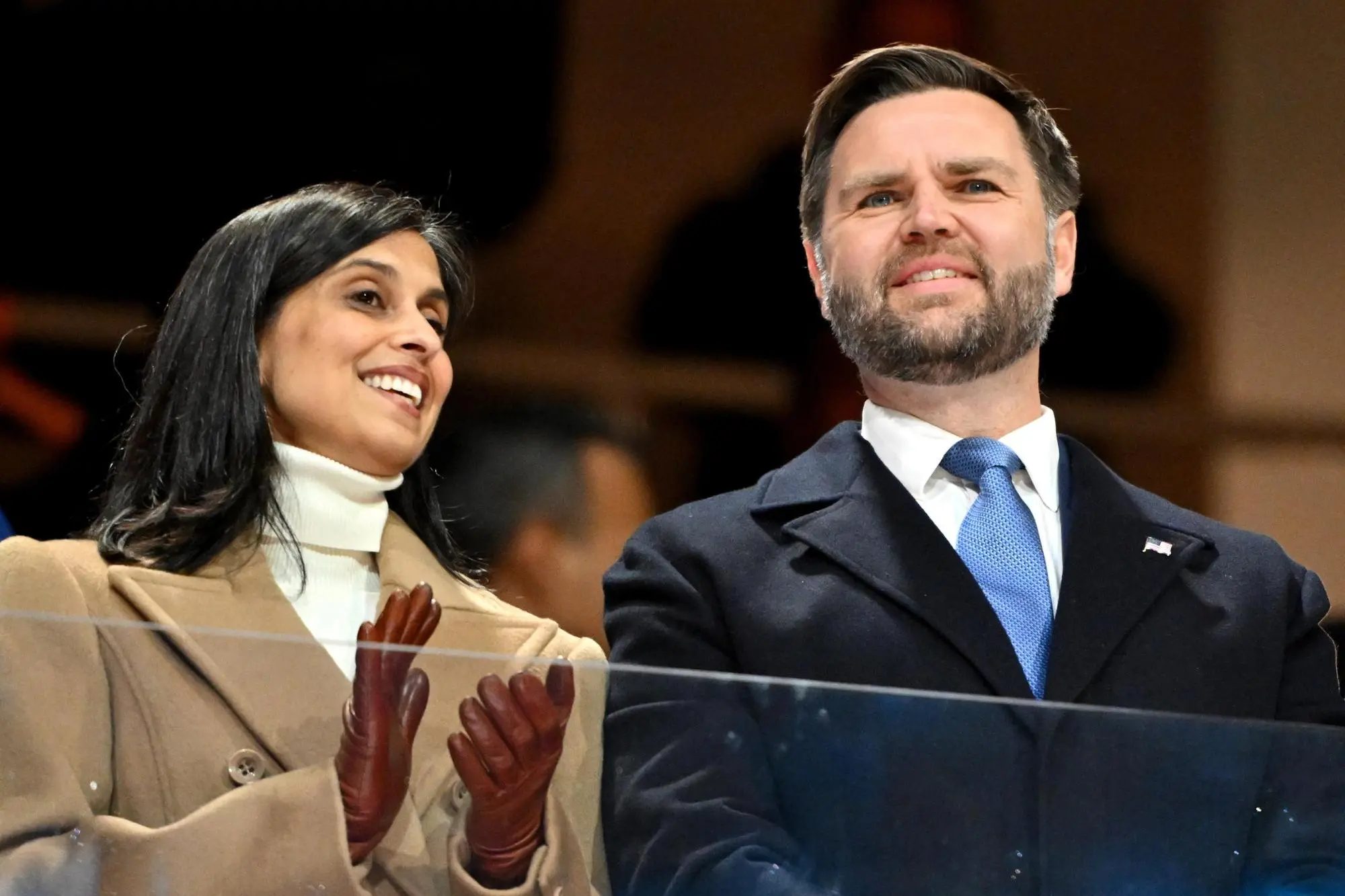 epa12710739 Vice President of the United States JD Vance and his wife Usha Bala Vance during the Opening Ceremony at the Milano Cortina 2026 Winter Olympic Games at the San Siro Stadium, in Milan, Italy, 06 February 2026. EPA/PETER KNEFFEL / POOL
