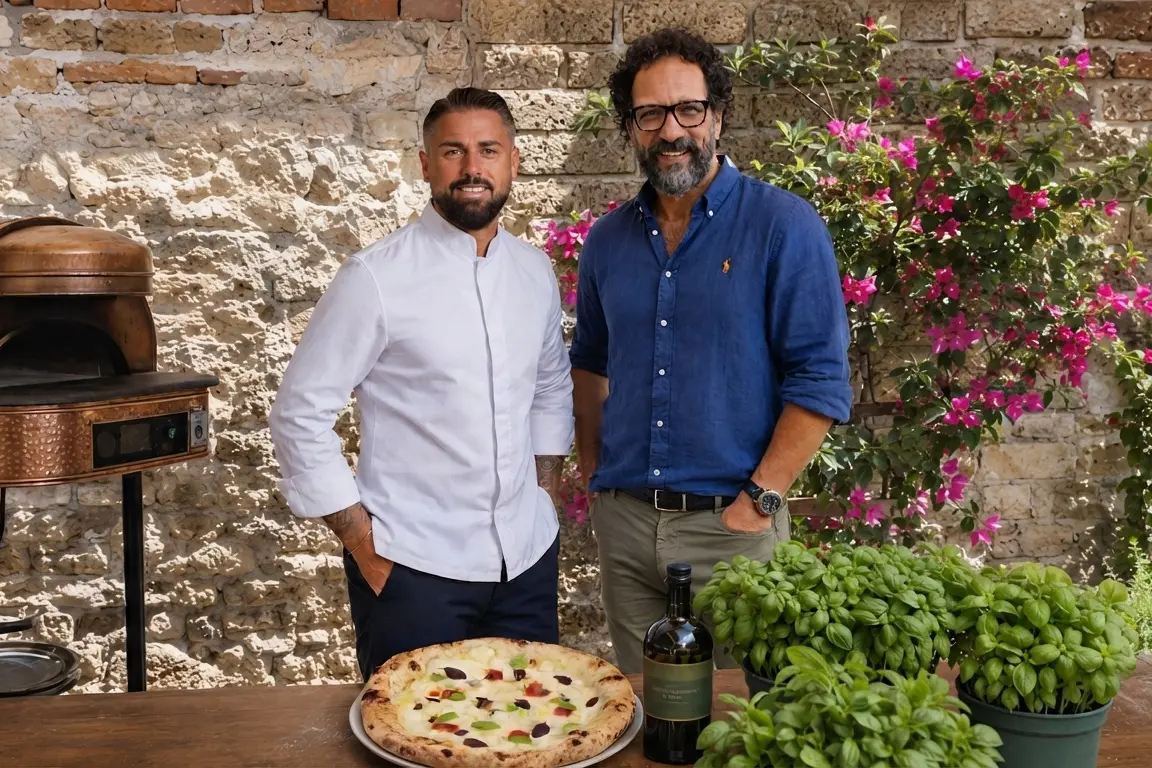 Il pluripremiato pizzaiolo napoletano Diego Vitagliano con il conduttore di Vista Mare Federico Quaranta (foto concessa)