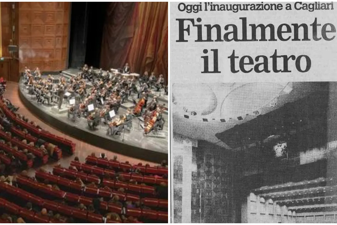 Il Teatro Lirico di Cagliari (Ansa), a destra la notizia su L'Unione Sarda (Archivio)