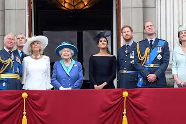 (FILE) - (L-R) Britain's Charles, the Prince of Wales; Prince Andrew, Duke of York; Camilla, Duchess of Cornwall; Queen Elizabeth II, Meghan, Duchess of Sussex; Prince Harry, the Duke of Sussex; Prince William, Duke of Cambridge and Catherine, Duchess of Cambridge on the balcony of Buckingham Palace during the RAF100 parade celebrations in London, Britain 10 July 2018 (reissued 13 January 2020). ANSA/STR UK AND IRELAND OUT SHUTTERSTOCK OUT *** Local Caption *** 55755987