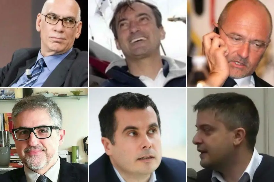 In senso orario: Luciano Uras, Andrea Mura, Ugo Cappellacci, Pino Cabras, Silvio Lai, Yuri Marcialis