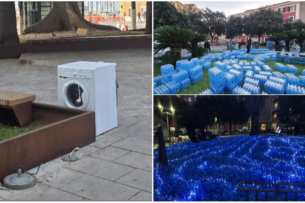 A sini stra la lavatrice abbandonata in piazza Matteotti, a destra il presepe di plastica (foto Archivio/Facebook)
