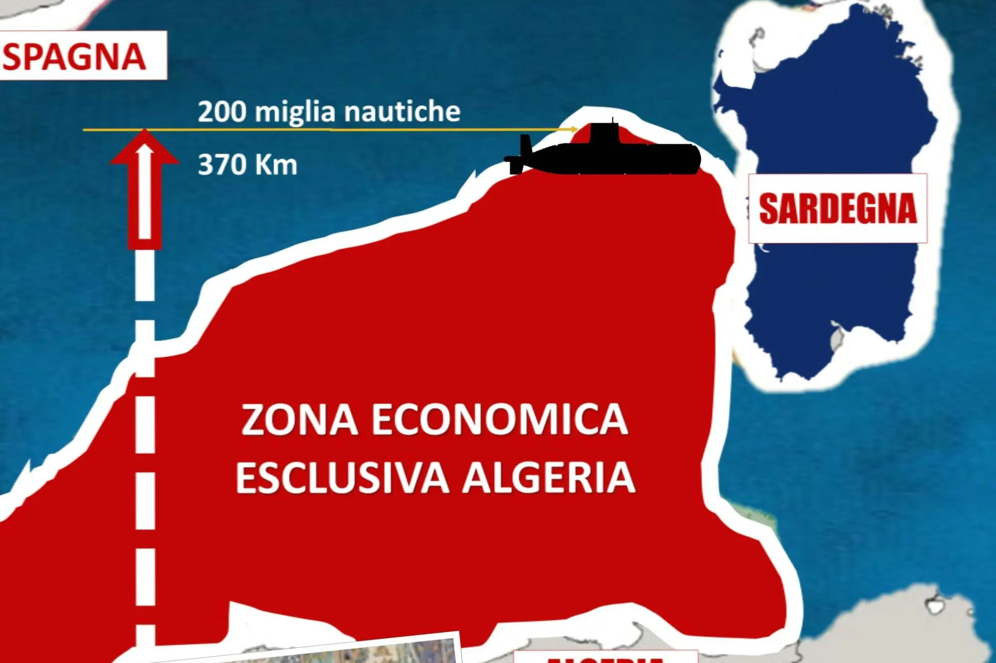 La mappa dell'invasione algerina sul mare sardo, la zona rossa è quella che dalle coste dell'Algeria si spinge per 370 km sino all'altezza di Bosa (L'Unione Sarda)