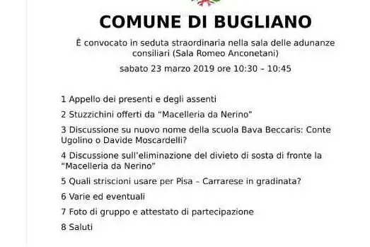 Il fantasioso ordine del giorno del Comune di Bugliano (foto Twitter)