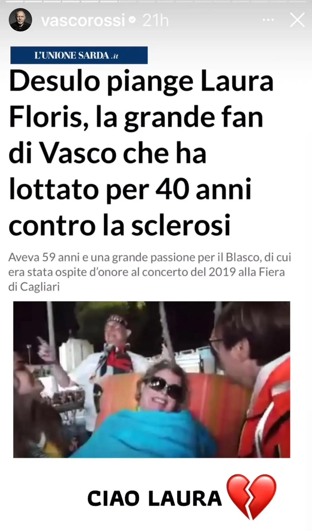 La storia di Vasco su Instagram