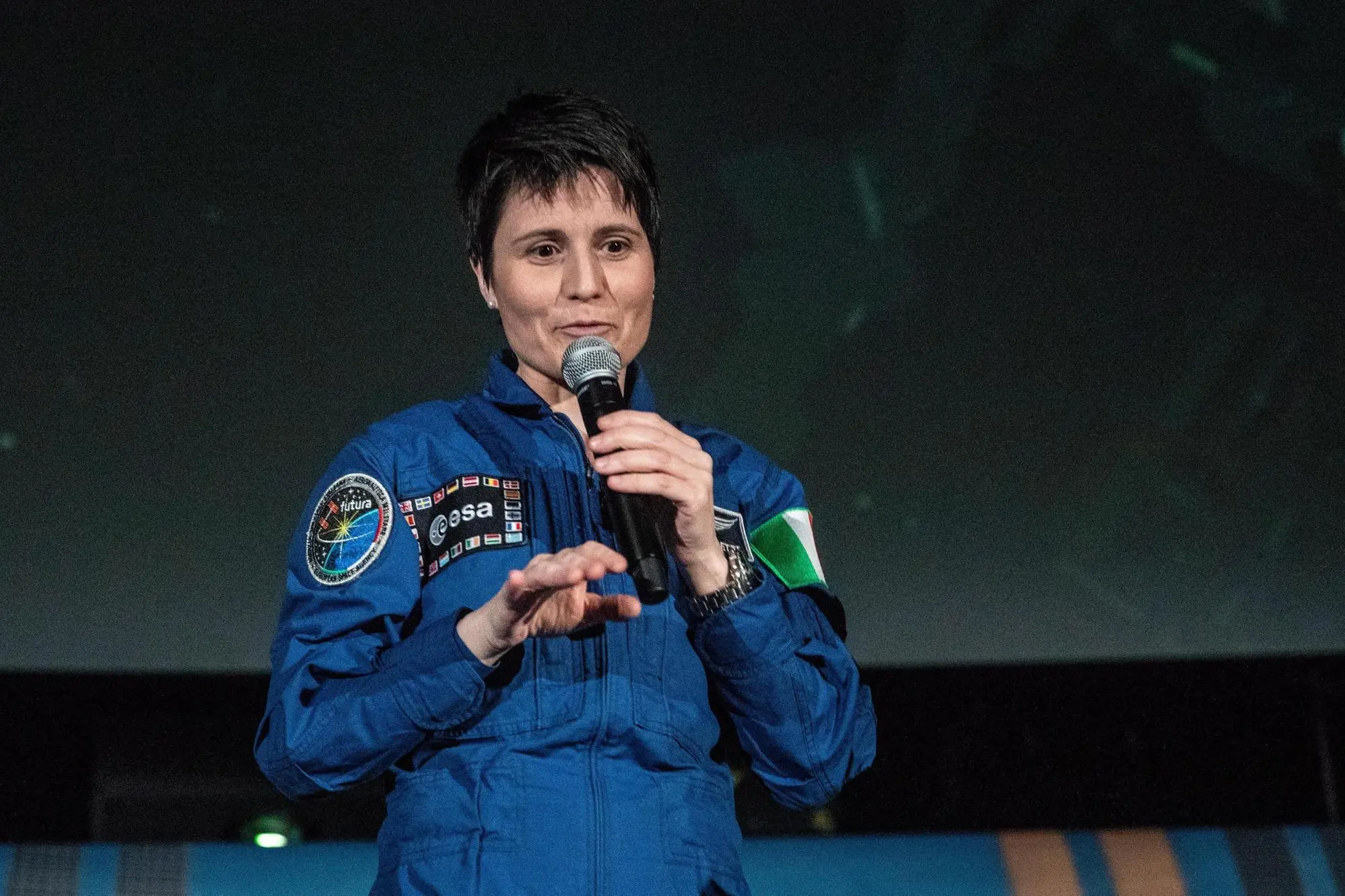 European space agency astronaut Samantha Cristoforetti delivers an explanation about the international space station, prior to a live screening of the Soyuz MS-09 spacecraft lift off at the Zeiss Gross-planetarium in Berlin, Germany, 06 June 2018. ANSA/OMER MESSINGER