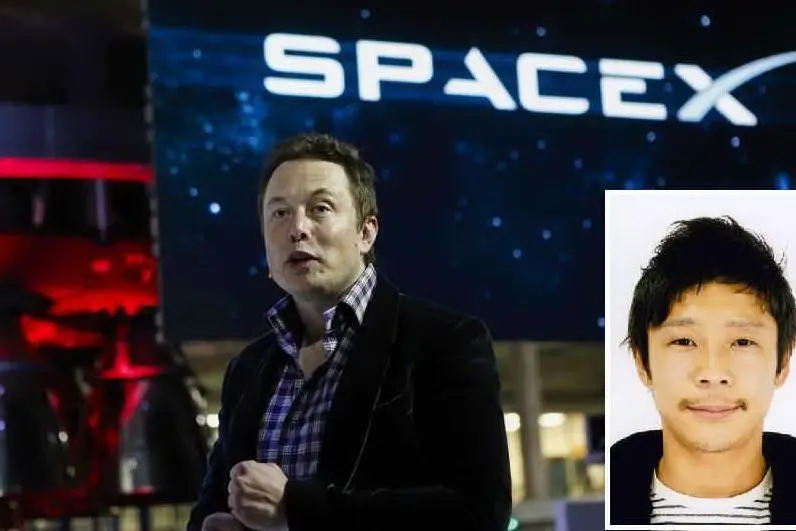 Elon Musk e, nel riquadro,Yusaku Maezawa (foto Ansa)