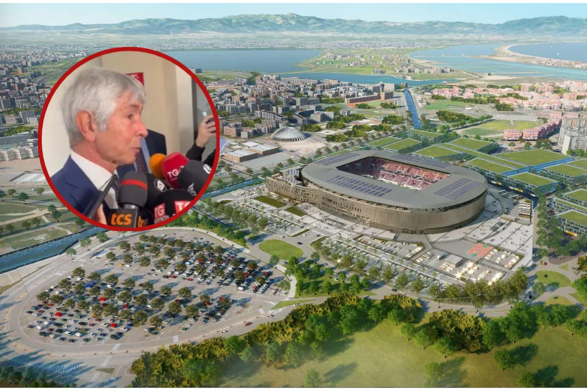 Il rendering del nuovo stadio del Cagliari, a sinistra il ministro Abodi