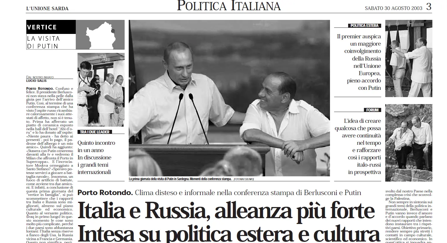 Putin e Silvio Berlusconi nel 2003 in Sardegna nelle pagine dell'Unione Sarda