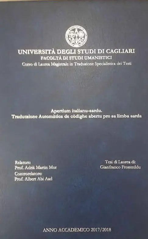 La copertina della tesi (foto Gianfranco Fronteddu)