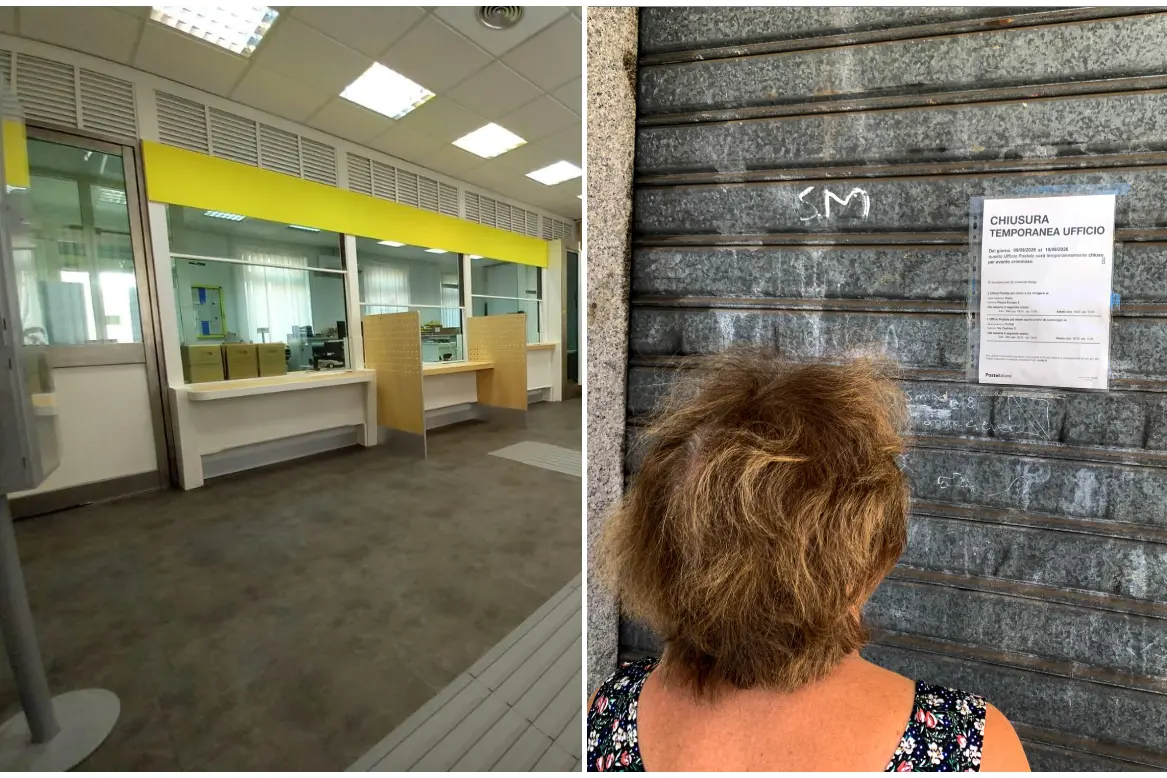 L'ufficio postale e, a destra, l'avviso di chiusura dopo la rapina (foto Loi)