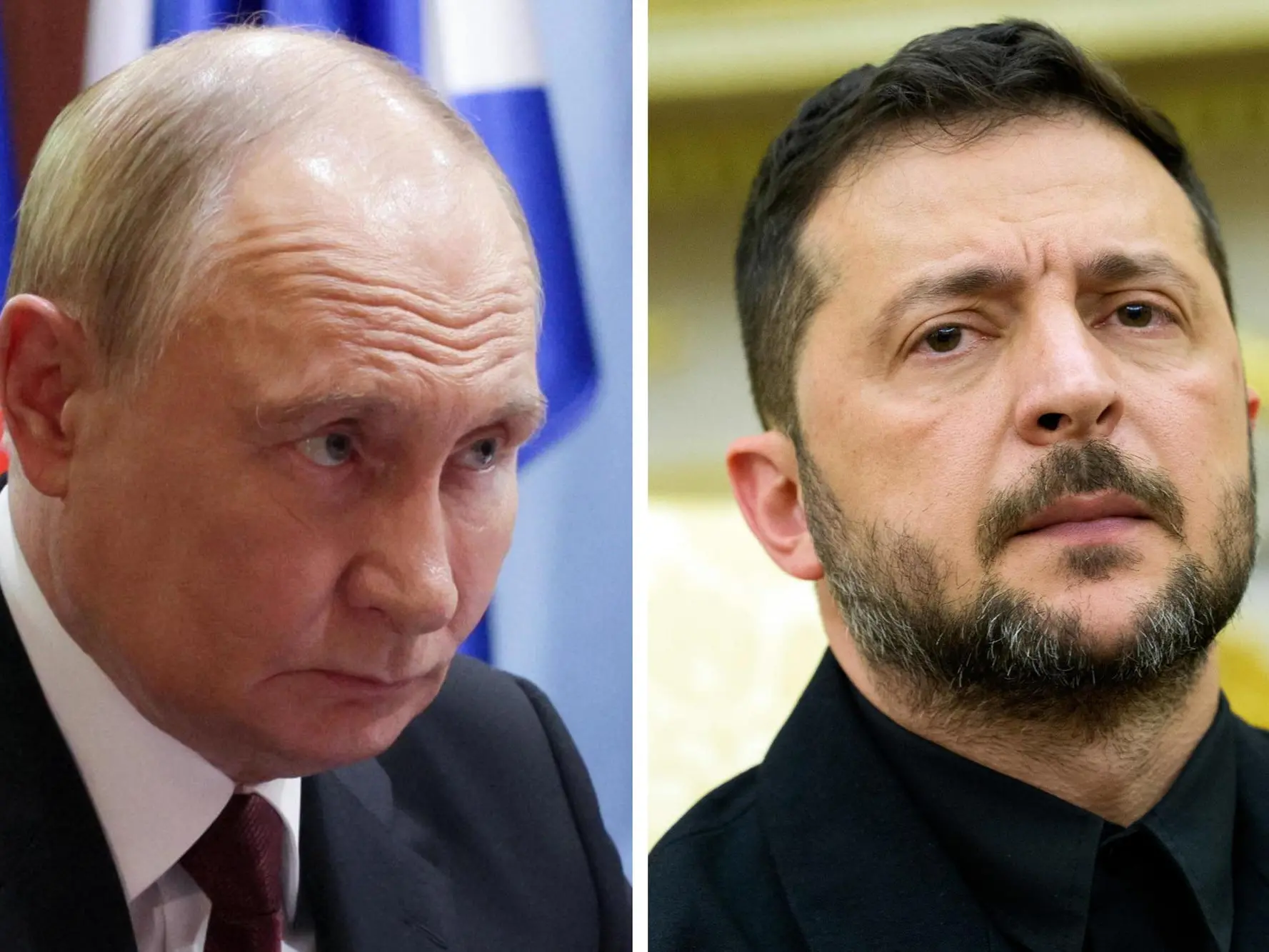 La combo, realizzata con due immagini di archivio, mostra il presidente russo Vladimir Putin (S) e il presidente ucraino Volodymyr Zelensky.ANSA