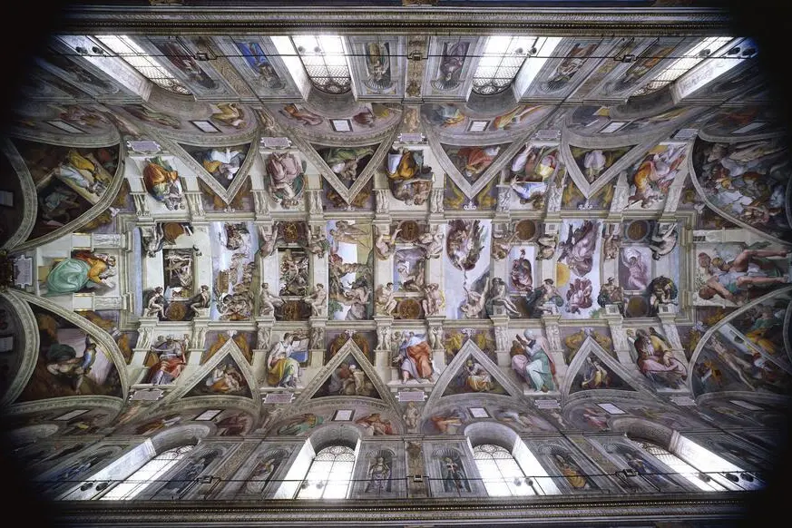 A section of the Sistine Chapel ceiling pictured during the conservation and restoration of the Sistine Chapel at the Vatican October 16, 2014. ANSA/© Musei Vaticani ++ NO SALES, EDITORIAL USE ONLY ++ NO ARCHIVES ++
