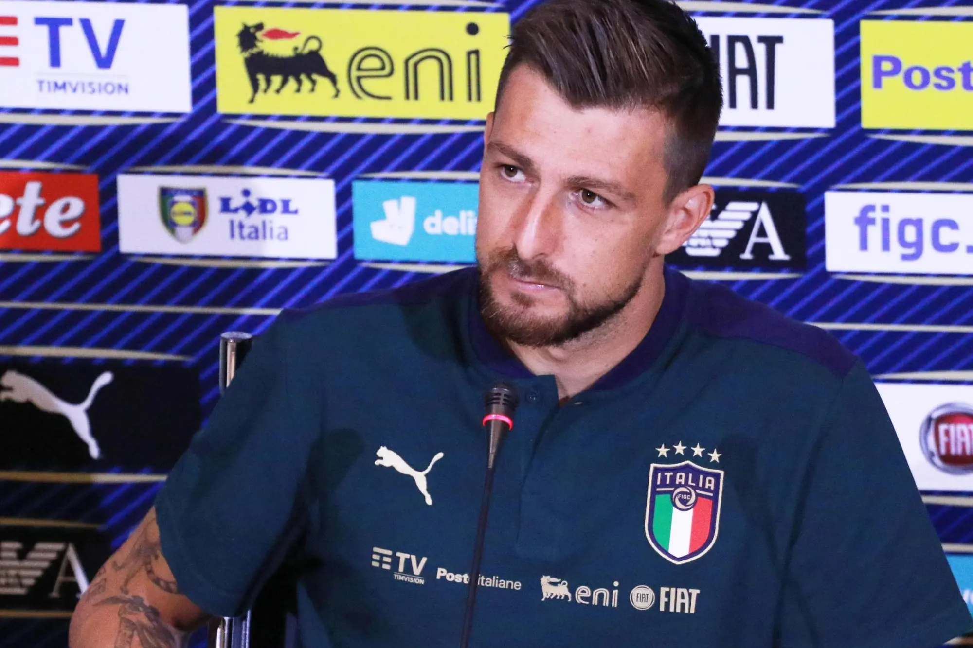 Italy's defender Francesco Acerbi speaks during a press conference at the Coverciano Sport Center in Florence, 09 October 2019. Italy will face Greece in its UEFA Euro 2020 qualifying match of group J on 12 October in Rome. ANSA/CLAUDIO GIOVANNINI