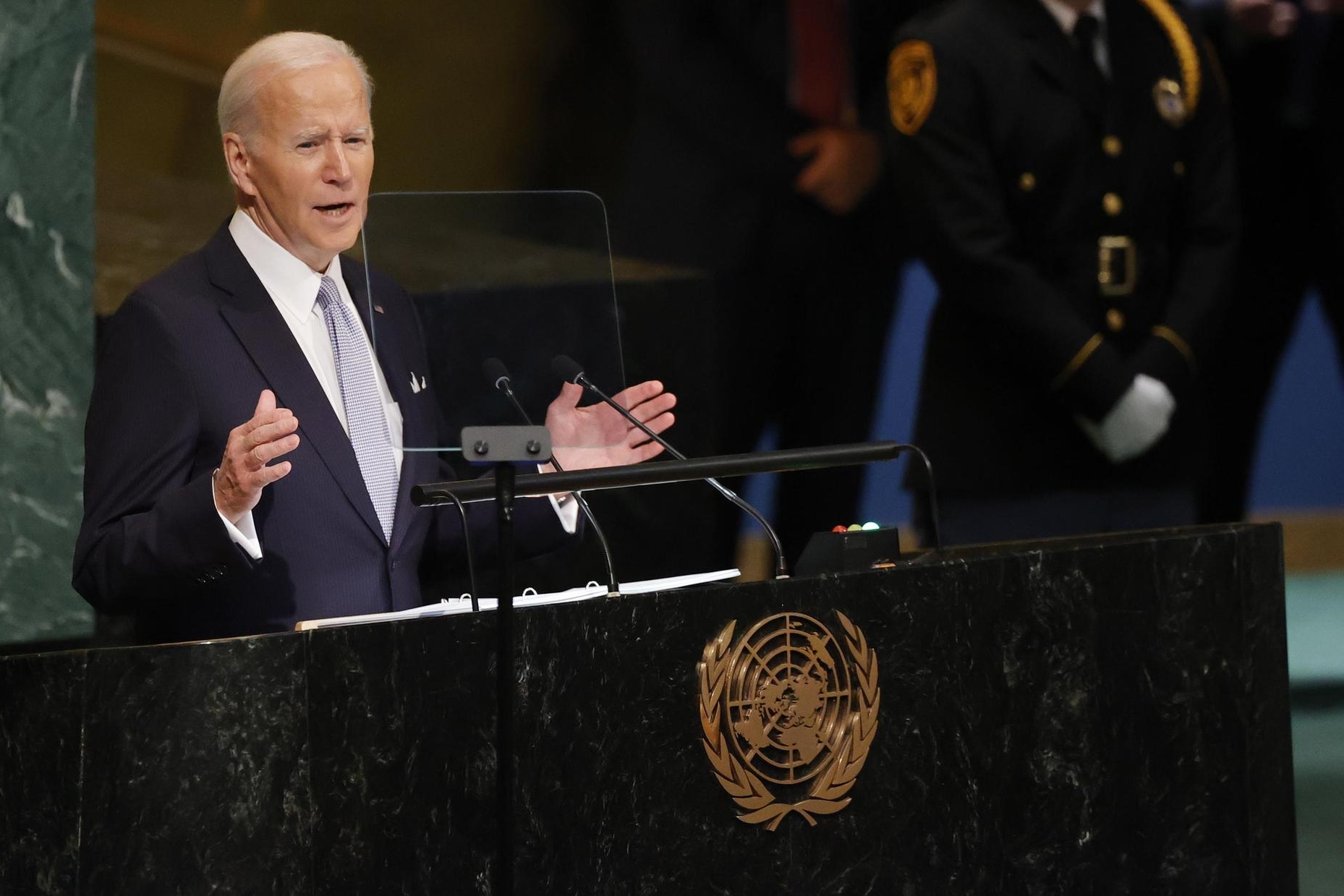 epa10197090 President Joseph Biden of the US delivers his address during the 77th General Debate inside the General Assembly Hall at United Nations Headquarters in New York, New York, USA, 21 September 2022. EPA/JASON SZENES