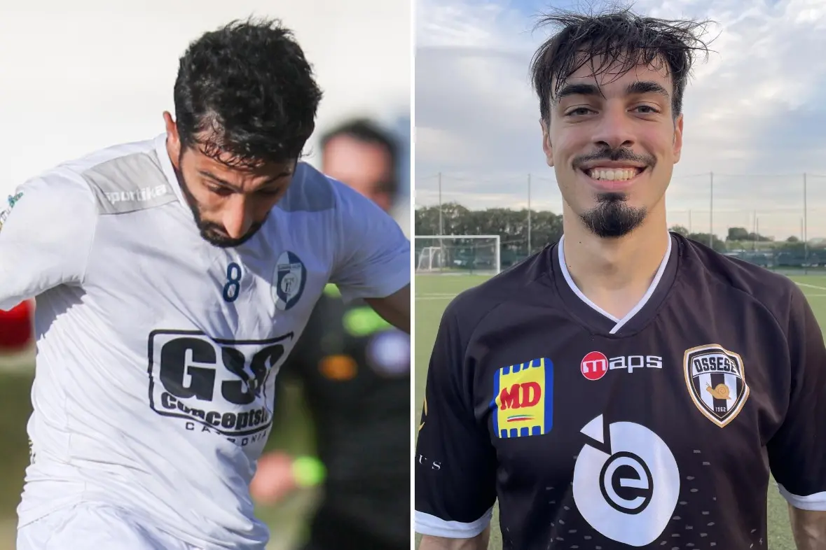 Nicolás Ricci del Carbonia (a sinistra, foto Fabio Murru) ed Ezequiel Franchi dell'Ossese (foto Spignesi)