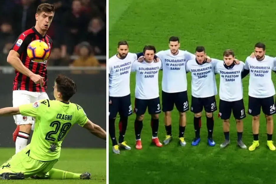 Piatek batte Cragno. A destra i rossoblù con le maglie in solidarietà ai pastori (Ansa)