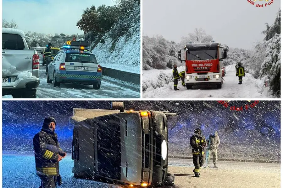 Schnee, Unfälle und blockierte Straßen in der Nuorese (Foto Deidda und Feuerwehr)