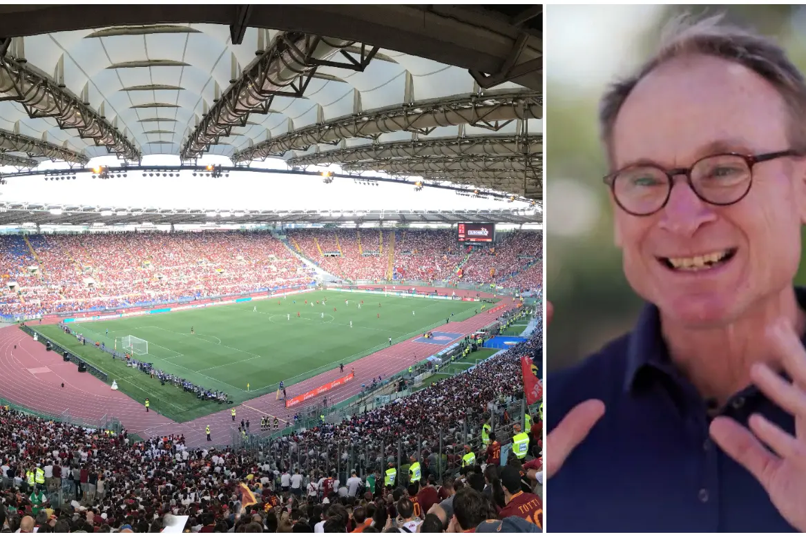 Lo stadio olimpico, a destra l'autore del libro
