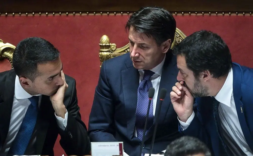 Il Premier Conte con i due vice Di Maio e Salvini. (Foto Ansa)