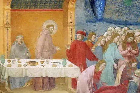 Una tavola imbandita in un dipinto di Giotto