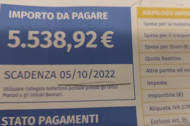 L'ultima bolletta ricevuta dal ristoratore di Porto Torres (L'Unione Sarda - Tellini)
