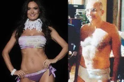 Nicole Minetti durante la sfilata a Milano e Gabriele Albertini col costume da bagno di Valentino