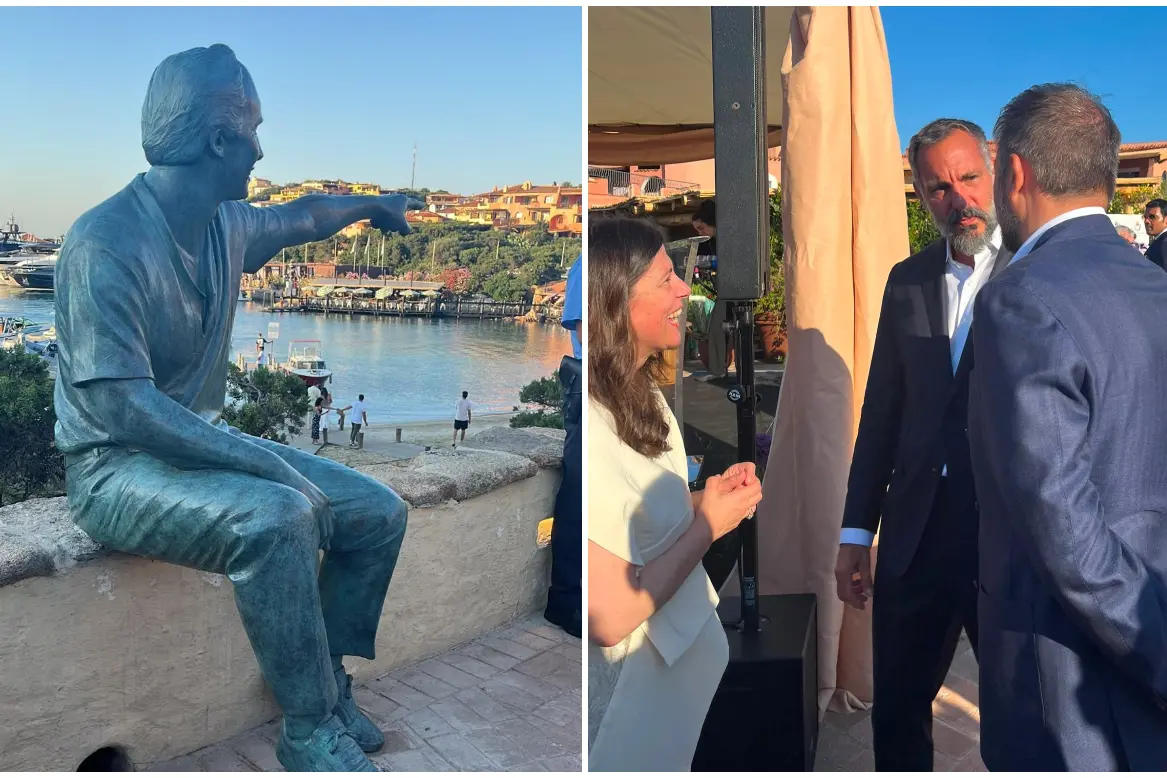 La statua dedicata all'Aga Khan, a destra il figlio Rahim con Todde e Ragnedda (foto De Roberto)