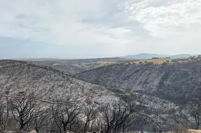 Le colline devastate dal fuoco a Serri qualche giorno fa (archivio)