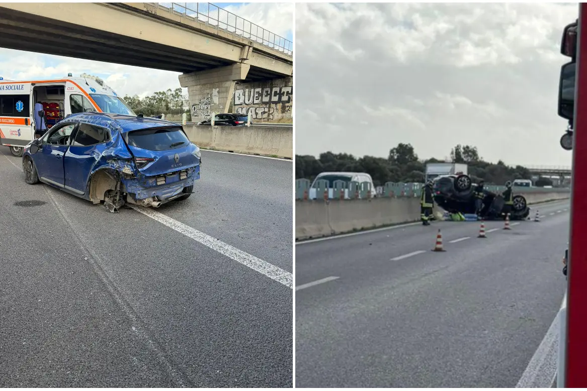 L'incidente sulla 131, a destra l'auto ribaltata (L'Unione Sarda)