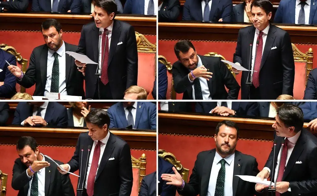 Quattro immagini dell'intervento di Conte al Senato, con le reazioni di Matteo Salvini (Ansa)