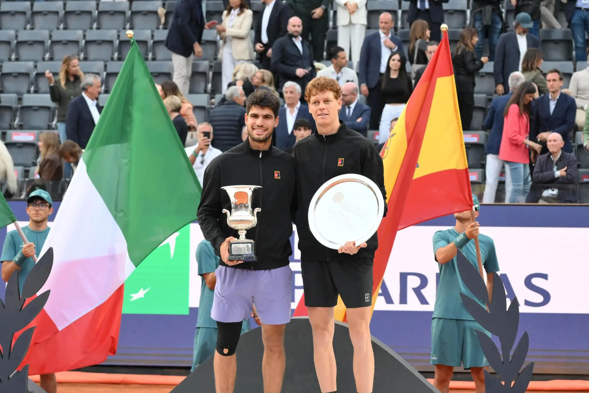 Jannik Sinner (ITA) and Carlos Alcaraz (ESP) during the final award ceremony at the end of men's Singles Final between Jannik Sinner (ITA) and Carlos Alcaraz (SPA) at central court during the Internazionali BNL d'Italia 2025, Foro Italico in Rome, Italy, 18 May 2025 ANSA/ROBERTO RAMACCIA