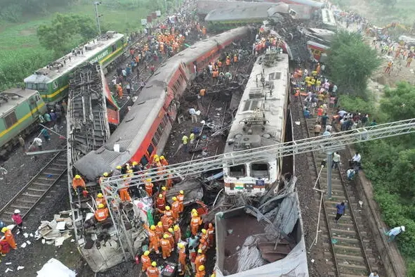 epa10669894 A handout photo made available by India's National Disaster Response Force (NDRF) and taken with a drone shows the site of a train accident at Odisha Balasore, India, 03 June 2023. Over 200 people died and more than 900 were injured after three trains collided one after another. According to railway officials the Coromandel Express, which operates between Kolkata and Chennai, crashed into the Howrah Superfast Express. EPA/National Disaster Response Force / HANDOUT BEST QUALITY AVAILABLE -- HANDOUT EDITORIAL USE ONLY/NO SALES HANDOUT EDITORIAL USE ONLY/NO SALES