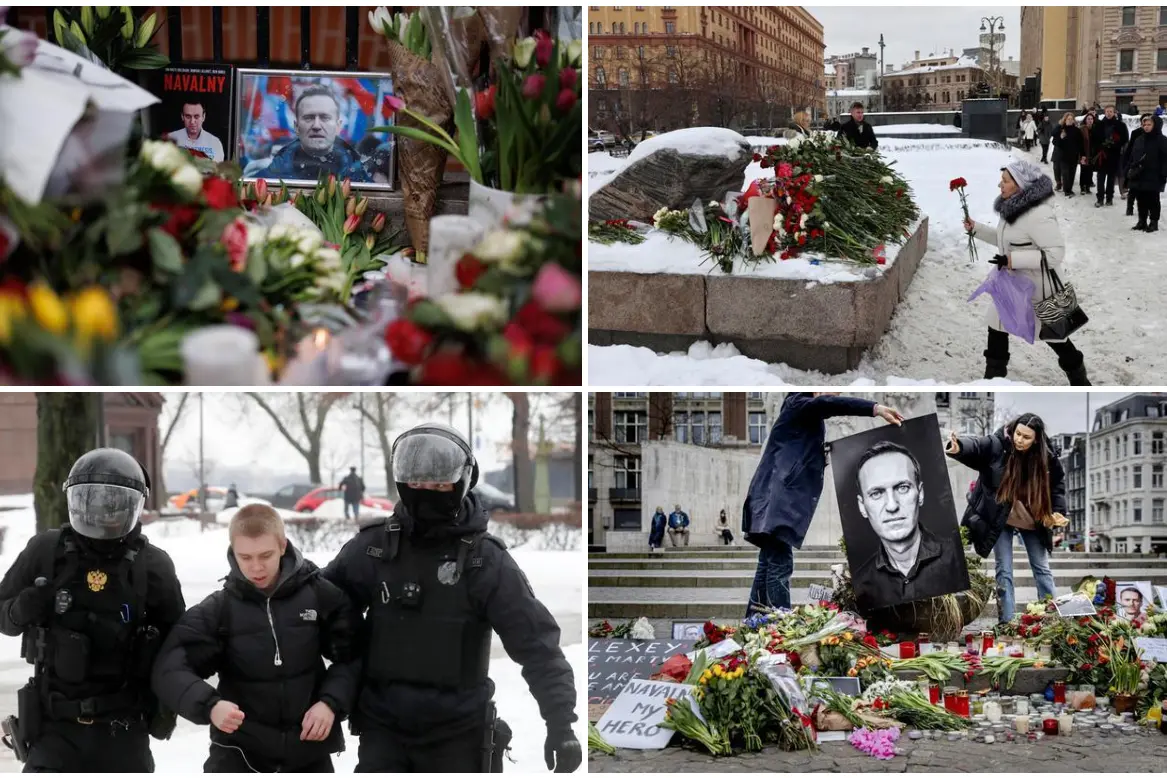 Fiori e manifestazioni di protesta per la morte di Navalny (foto Ansa/Epa)