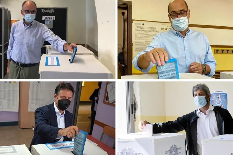 Combo Elezioni Amministrative: In alto da sinistra: Enrico Letta, Nicola Zingaretti. In basso da sinistra: Giuseppe Conte, Roberto Fico. Il 3 ottobre 2021. ANSA