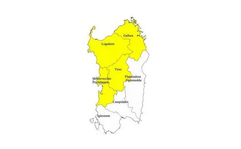 Le zone interessate dall'allerta (foto Protezione civile Sardegna)