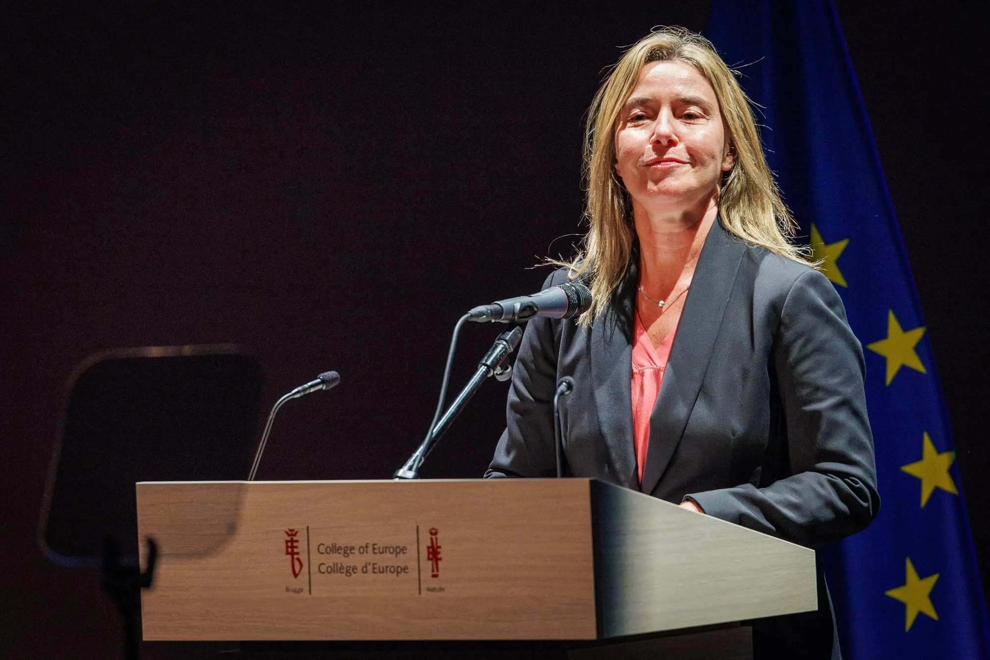 epa11689095 Rector Federica Mogherini delivers a speech during the opening ceremony of the seventy-fifth academic year of the College of Europe - Bruges Campus, in Bruges, Belgium, 28 October 2024. EPA/OLIVIER MATTHYS